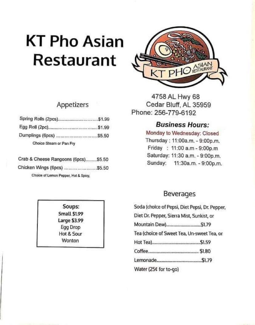 KT Pho Asian Restaurant - Cedar Bluff, AL